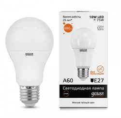 Лампа Gauss Elementary A60 10W 880lm 3000K Е27 LED 1/10/50 23210 - фото 38252