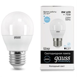 Лампа Gauss Elementary Шар 8W 540lm 4100K Е27 LED 1/10/100 - фото 17243