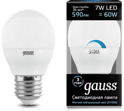 Лампа Gauss Шар 7W 590lm 4100К Е27 диммируемая LED 1/10/100 - фото 17488