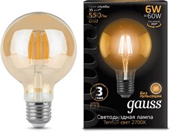 Лампа Gauss Filament G95 6W 550lm 2400К Е27 golden LED 1/20 - фото 24214