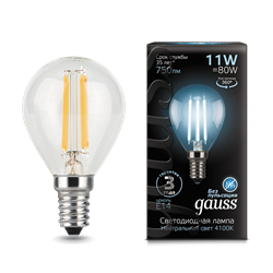Лампа Gauss Filament Шар 11W 750lm 4100К Е14 LED 1/10/50 - фото 26438