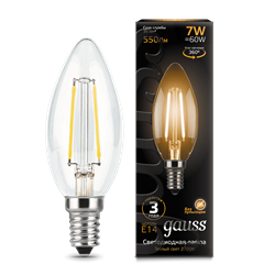 Лампа Gauss Filament Свеча 7W 550lm 2700К Е14 LED 1/10/50 - фото 26446