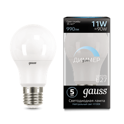 Лампа Gauss A60 11W 990lm 4100К E27 диммируемая LED 1/10/50 - фото 26470