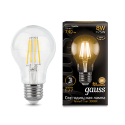 Лампа Gauss Filament А60 8W 740lm 3000К Е27 LED 1/10/40 - фото 26471
