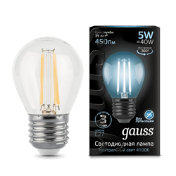 Лампа Gauss Filament Шар 5W 450lm 4100К Е27 LED 1/10/50 - фото 26488