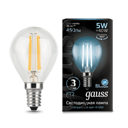 Лампа Gauss Filament Шар 5W 450lm 4100К Е14 LED 1/10/50 - фото 26491
