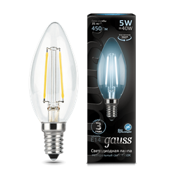 Лампа Gauss Filament Свеча 5W 450lm 4100К Е14 LED 1/10/50 - фото 26492