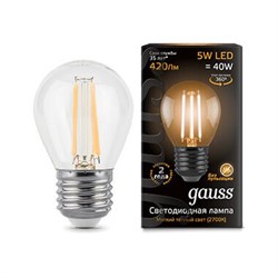Лампа Gauss Filament Шар 5W 420lm 2700К Е27 LED 1/10/50 - фото 27879