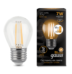 Лампа Gauss Filament Шар 7W 550lm 2700К Е27 LED 1/10/50 - фото 27889