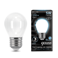 Лампа Gauss Filament Шар 5W 450lm 4100К Е27 milky LED 1/10/50 - фото 27891