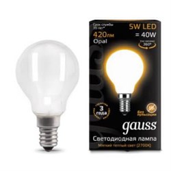 Лампа Gauss Filament Шар 5W 420lm 2700К Е14 milky LED 1/10/50 - фото 27923