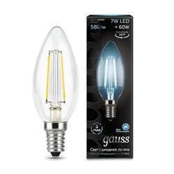 Лампа Gauss Filament Свеча 7W 580lm 4100К Е14 LED 1/10/50 - фото 27944