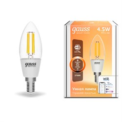 Лампа Gauss Smart Home Filament С35 4,5W 470lm 2700К E14 диммируемая LED 1/10/40 - фото 27987