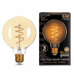 Лампа Gauss Filament G95 6W 360lm 2400К Е27 golden flexible LED 1/20 - фото 38030