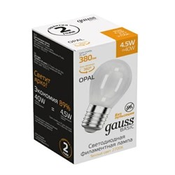 Лампа Gauss Basic Filament Шар 4,5W 380lm 2700К Е27 milky LED 1/10/50 - фото 38181