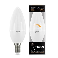 Лампа Gauss Свеча 7W 560lm 3000К Е14 диммируемая LED 1/10/100 - фото 38398