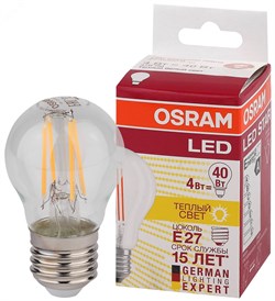 Лампочка светодиодная филаментная OSRAM LED Star, 470лм, 4Вт, 2700К (теплый белый свет), Цоколь E27, колба P, шар - фото 40867